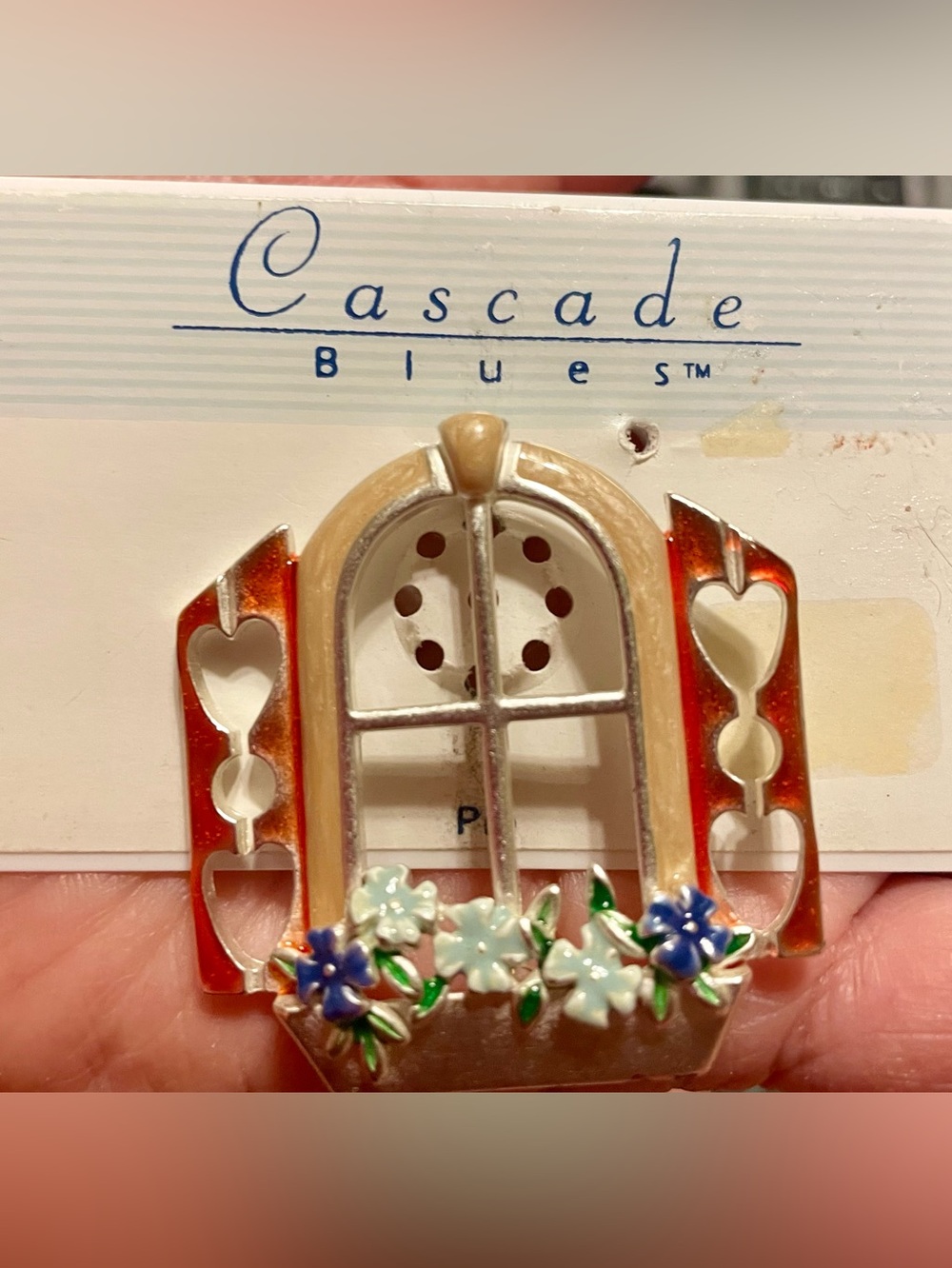 Cascade Blues Women's Enamel Window Box Brooch in Cream, Orange & Blue